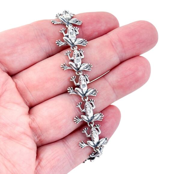 Vintage KBH Sterling Silver 925 Linked Frog Charm Bracelet 7.5" - Picture 1 of 6